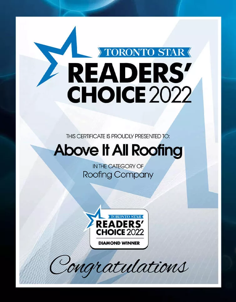 Toronto Readers's Choice 2022 Certificate - ABOVE IT ALL ROOFING