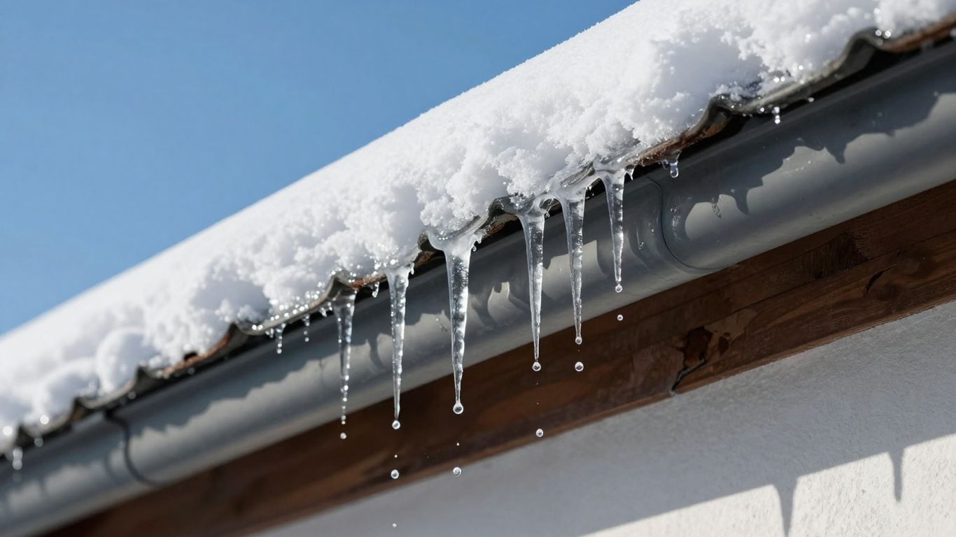 Icicles forming due to ice damming on roof of a snow-covered house