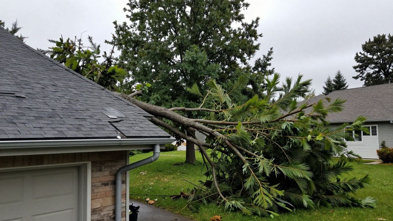 Fallen tree limb beside damaged roof