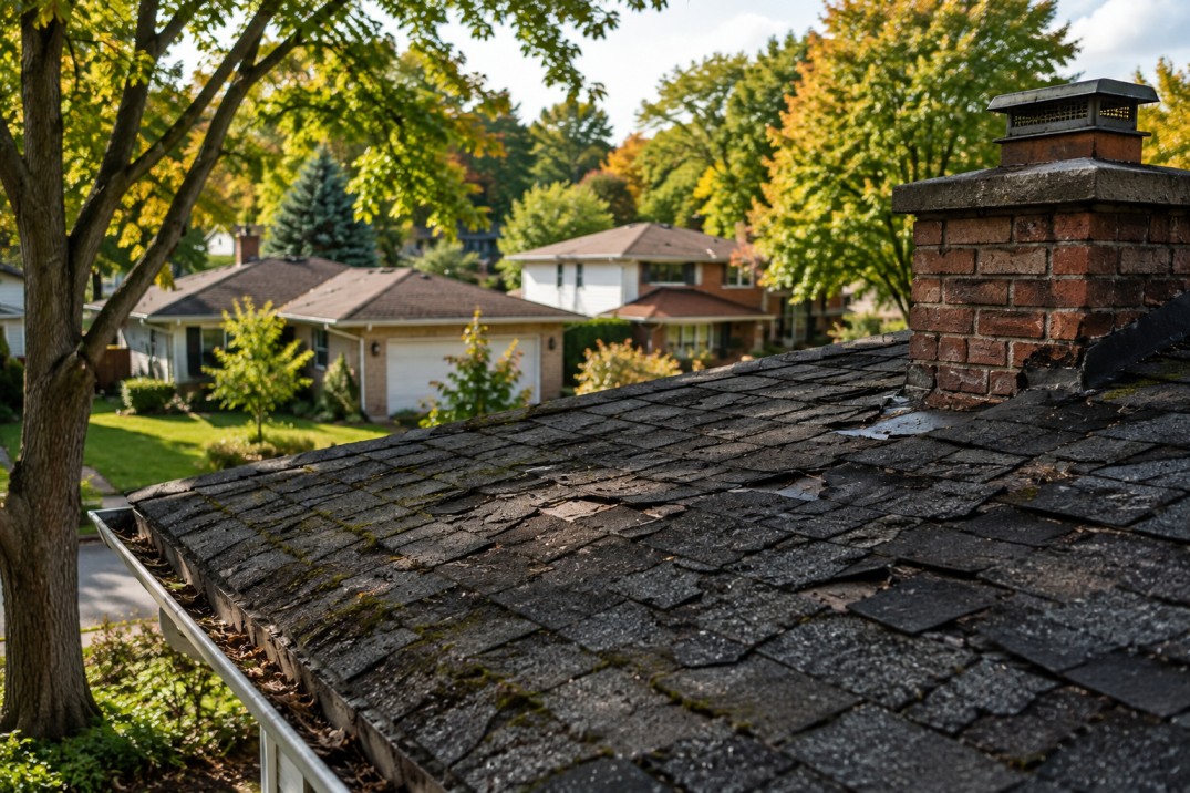 Roofer inspecting an aging asphalt shingle roof on an older home in Aldershot, Burlington, Ontario