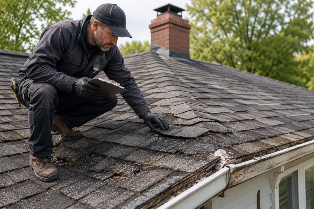 Professional roof inspection of an older Burlington home