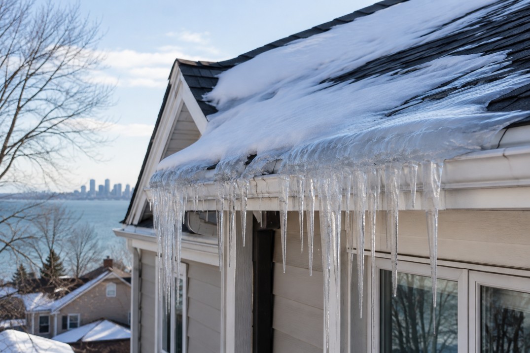 Ice Dam Along the Roofline of an Etobicoke Lakefront Home
