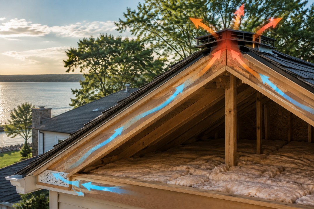 Attic ventilation system in a lakefront home roof
