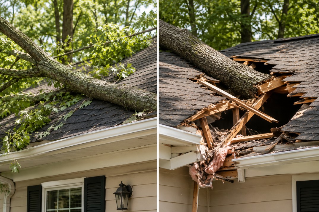 Tree damage to a roof requiring repair or replacement oakville 