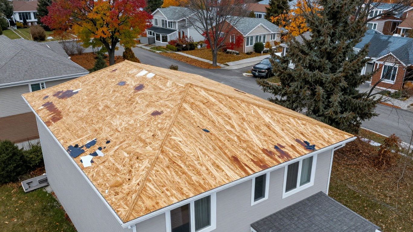 Close-up of plywood and OSB roof decking panels exposed during a roof repair in Etobicoke, Ontario