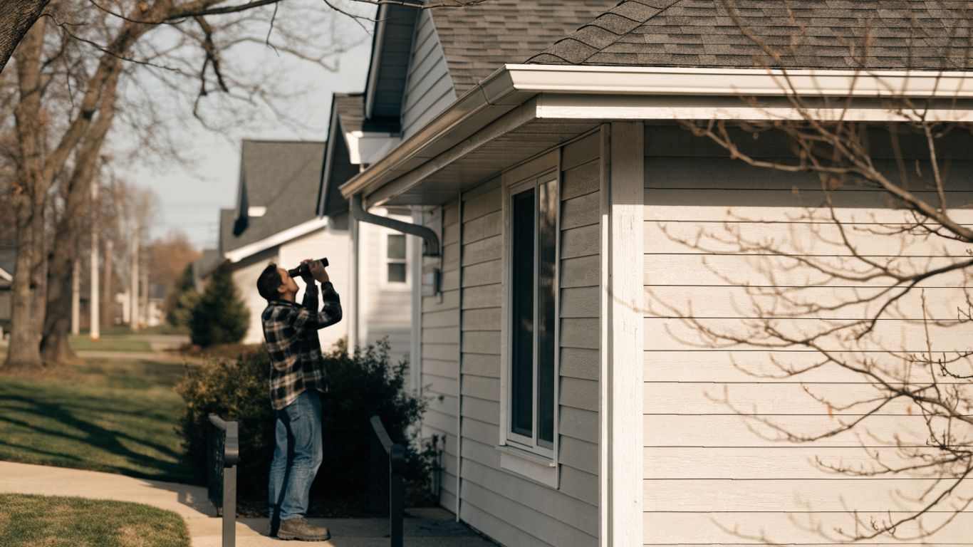Homeowner observing roof condition from a safe distance