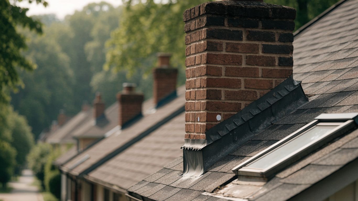 Older Etobicoke roof with chimney and skylight flashing details