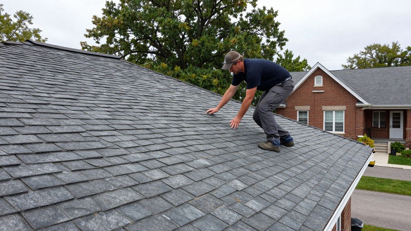 Roofers examining a heritage home roof in Oakville