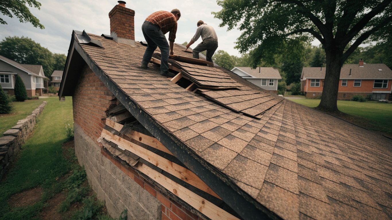 Roofers inspecting layered shingles on an older Etobicoke home